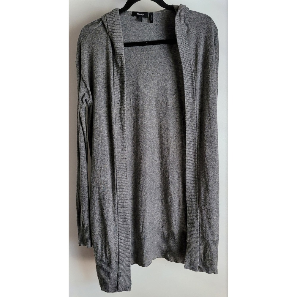 Theory Hooded Open Cardigan Petite Grey Long Sleeve Casual Sweater Knit Wrap